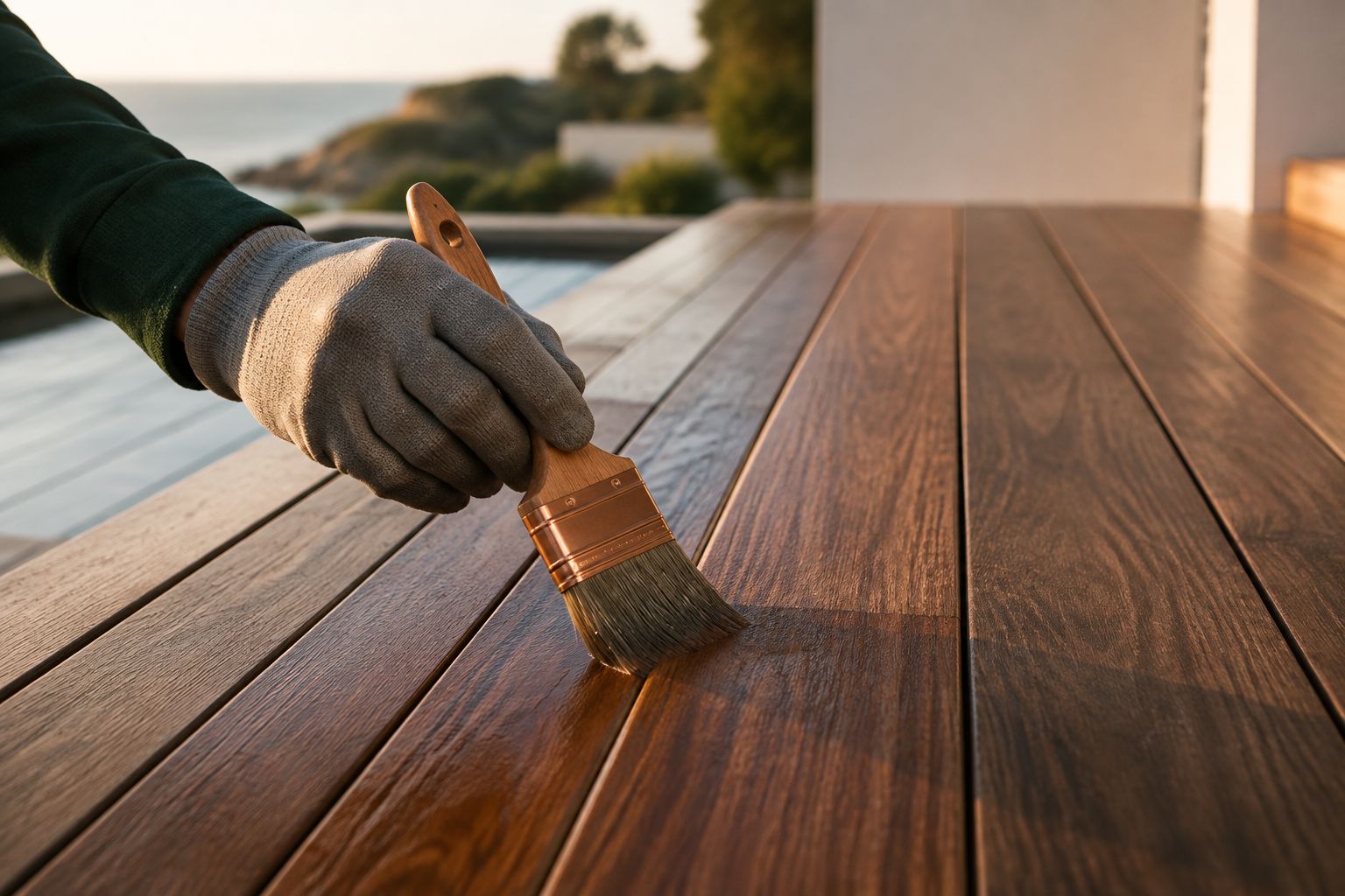 Aplicação de saturador num deck de madeira exterior, com a linha de mar ao fundo. Imagem editorial de marca Puro Terraço