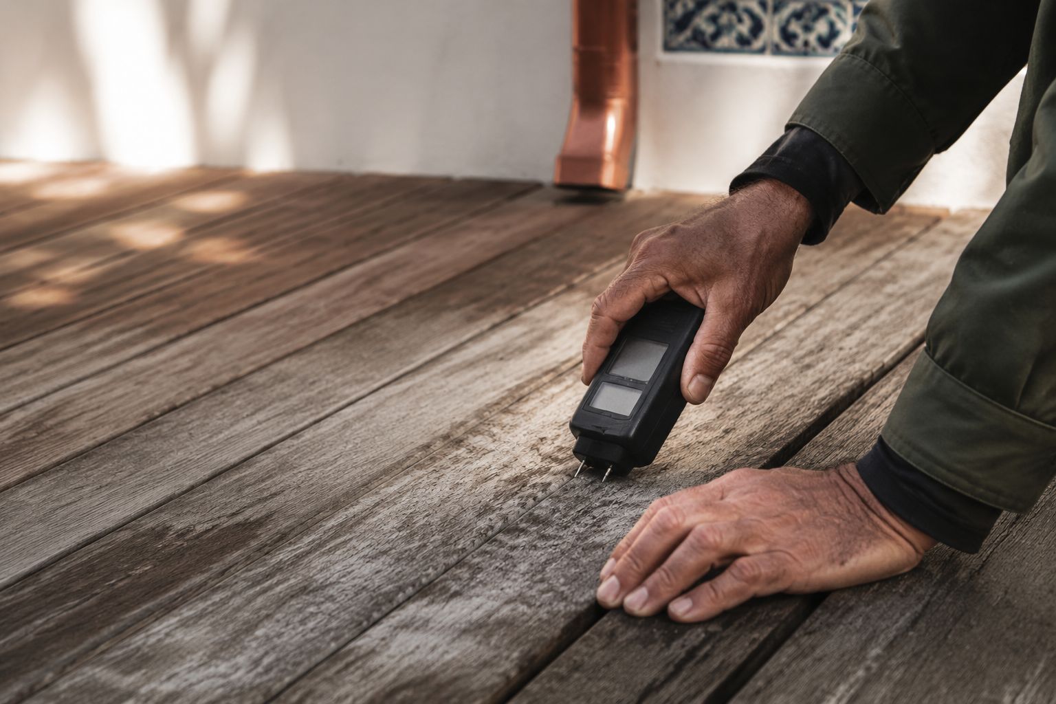 Medição de humidade numa tábua de deck acinzentado com humidímetro. Imagem editorial de marca Puro Terraço