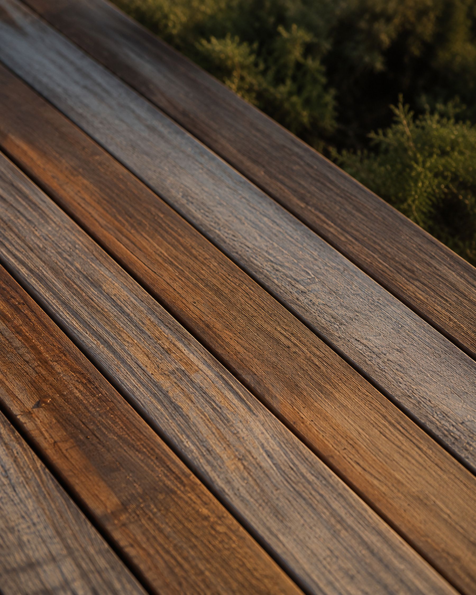 Madeira exterior com variações naturais de pátina e tonalidade. imagem editorial de marca Puro Terraço.