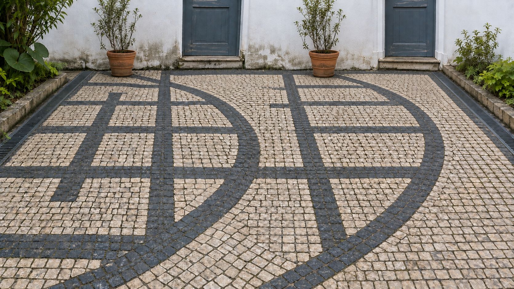 Imagem ilustrativa de calçada portuguesa: estado inicial e resultado possível após limpeza